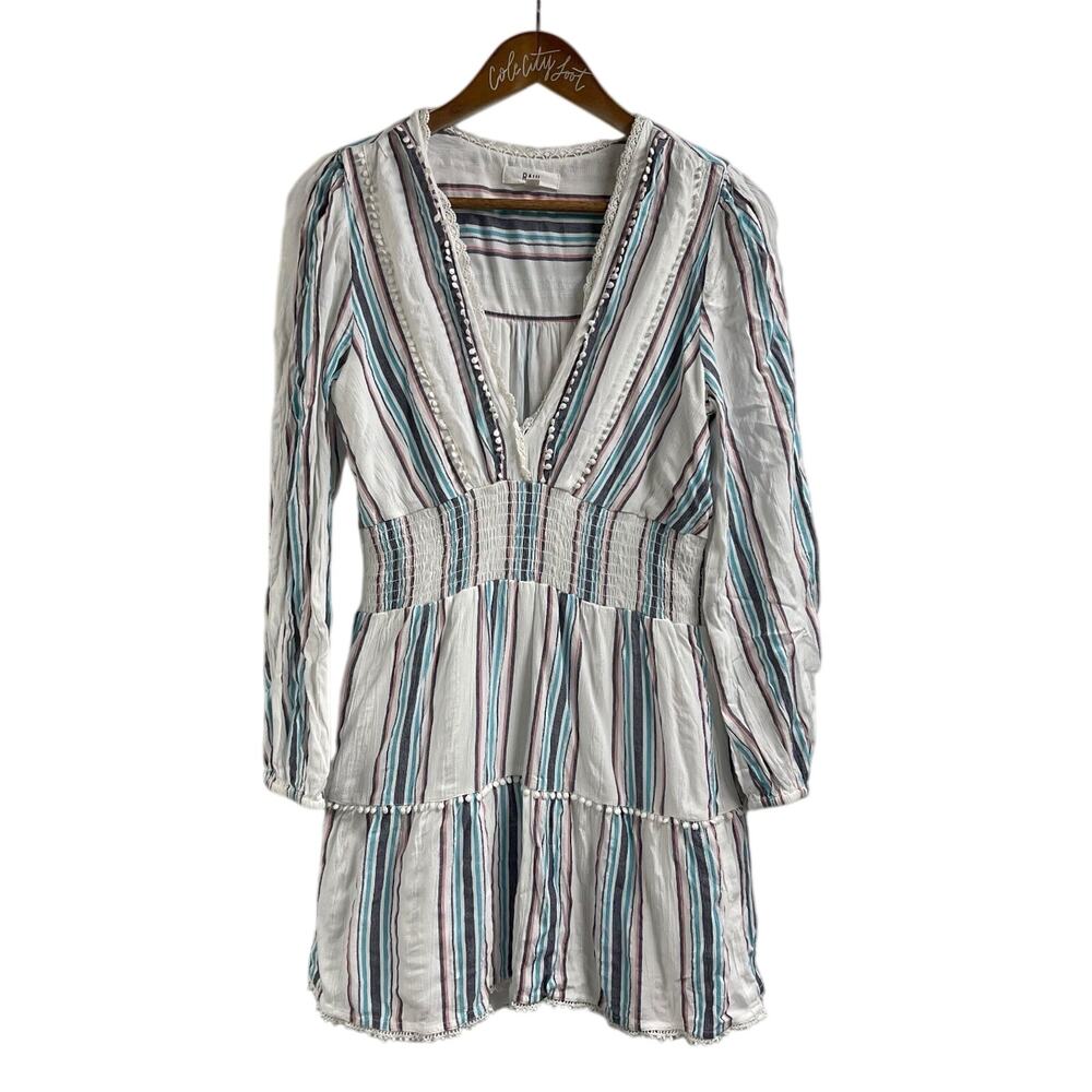 Rahi Long Sleeve Striped Dress Medium White Blue Pink Ruffle Tiered Deep V